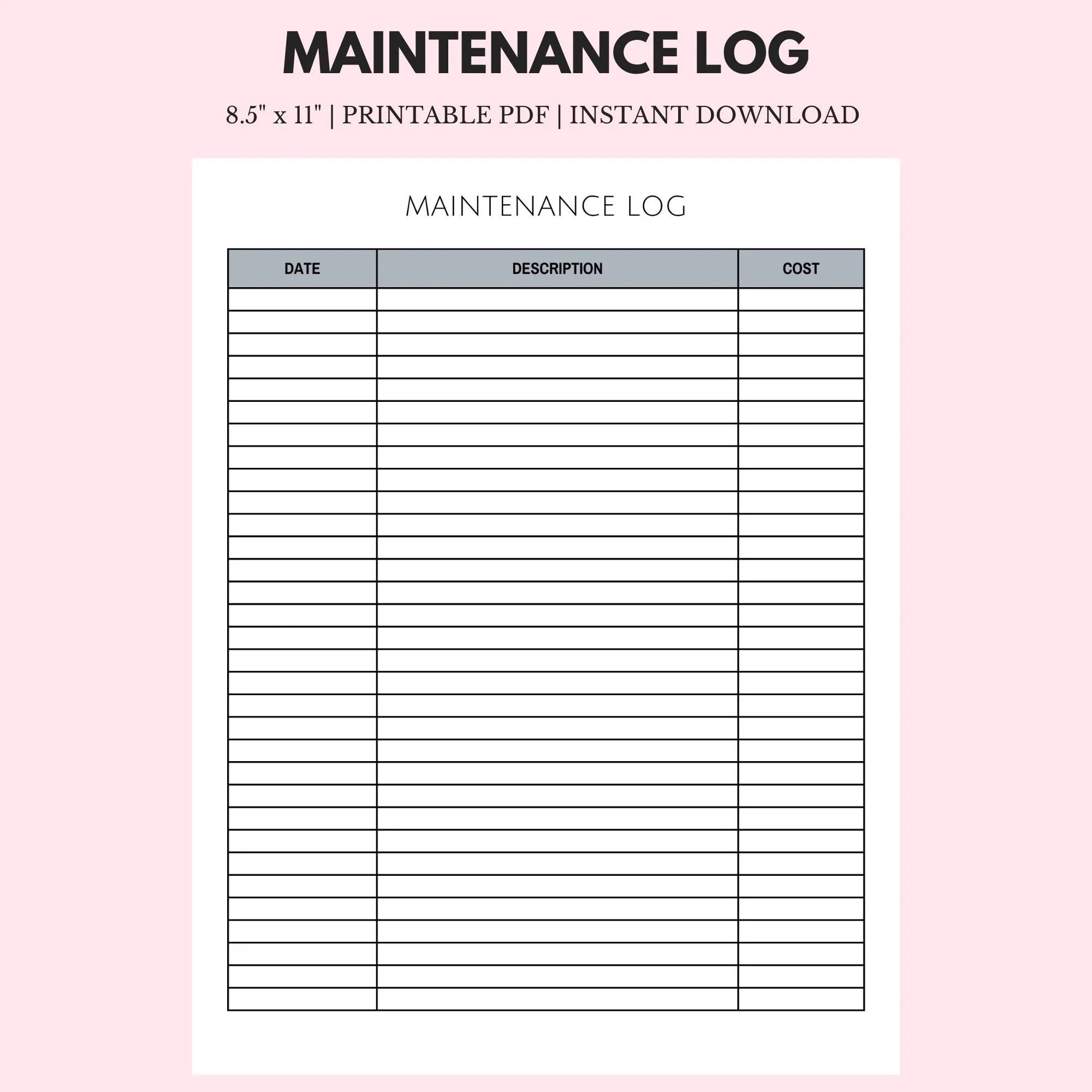 Maintenance Log 8 5 X 11 Instant Download Printable Etsy