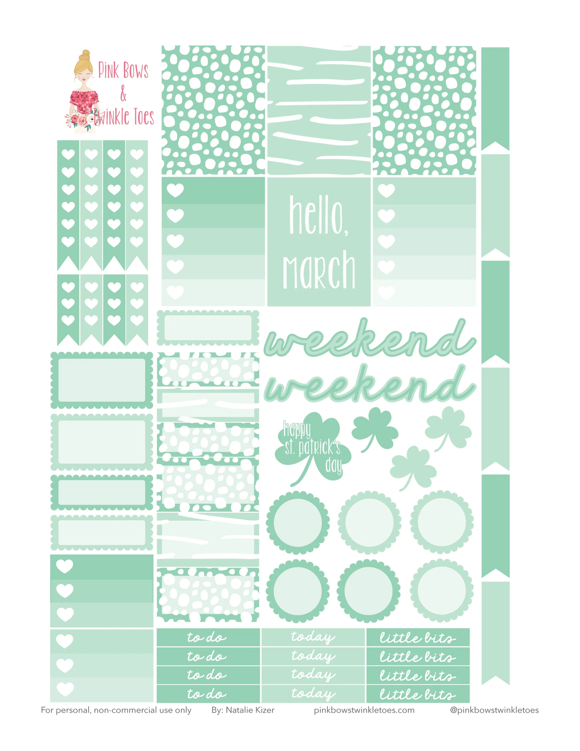 March Functional Planner Stickers Free Printable Pink Bows Twinkle Toes