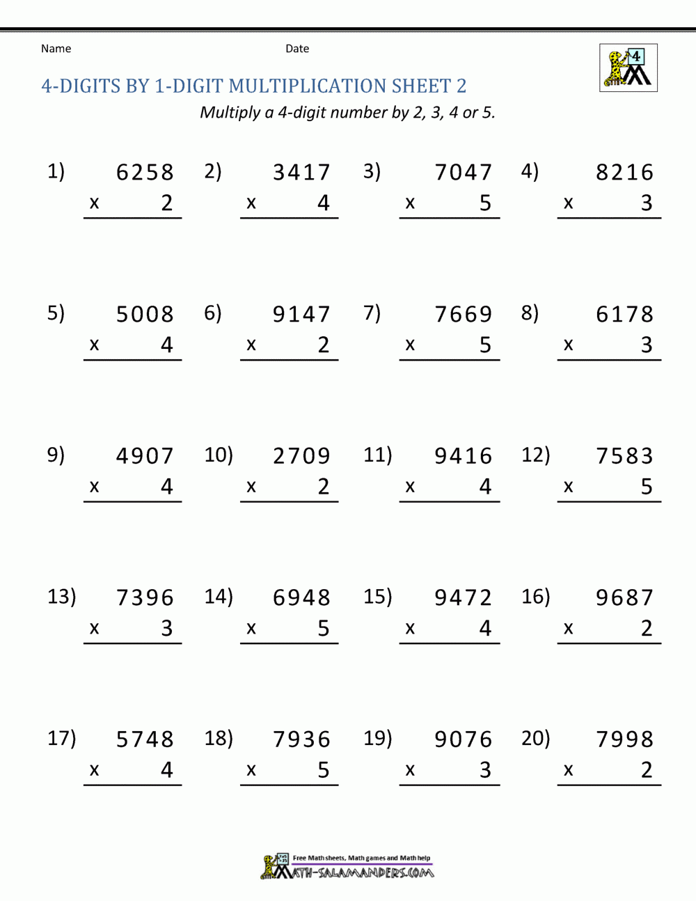 Free Printable 4th. Grade Multiplication Sheets
