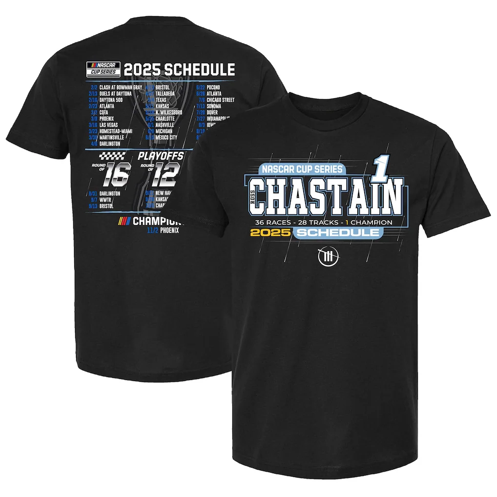 Men s Ross Chastain Checkered Flag Sports Black 2025 NASCAR Cup Series Schedule T Shirt