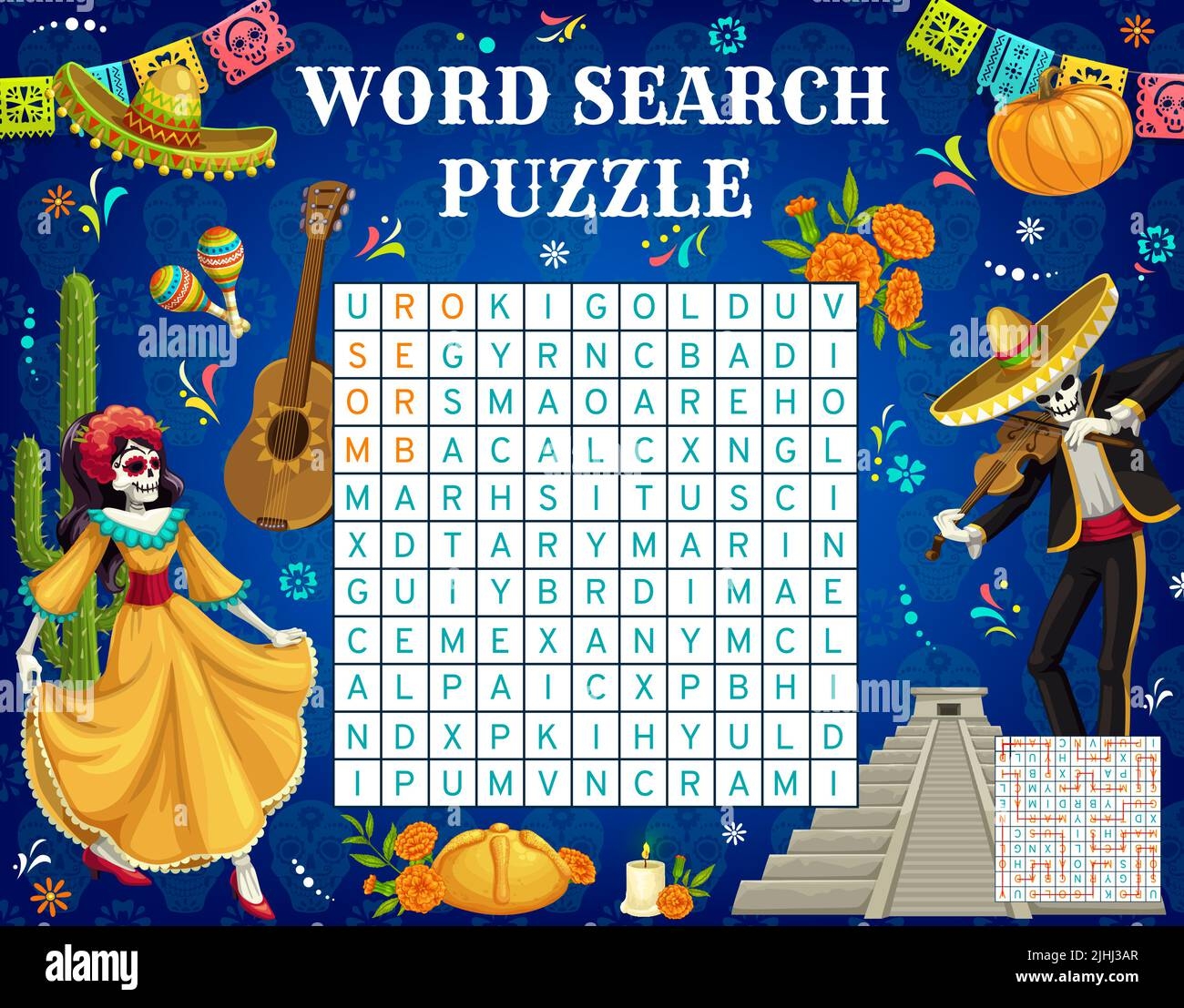 Mexican Dia De Los Muertos Day Of Dead Holiday Word Search Puzzle Game Worksheet Kids Quiz Grid Vector Sombrero Marigold Maracas Guitar Cactus Bread Violin Mariachi Candle Pumpkin Pyramid Stock Vector Image