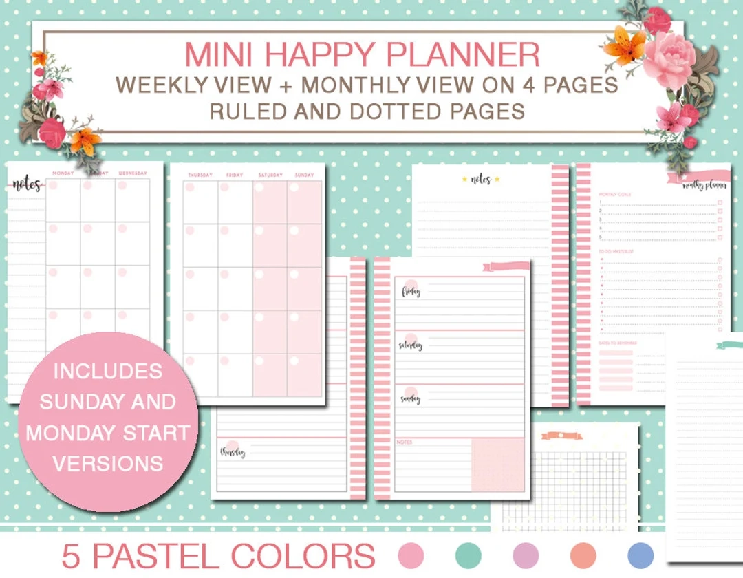 Mini Happy Planner Printable Kit Weekly And Monthly Planner Inserts Squared And Dotted Pages PDF Instant Download Mambi Planner Etsy