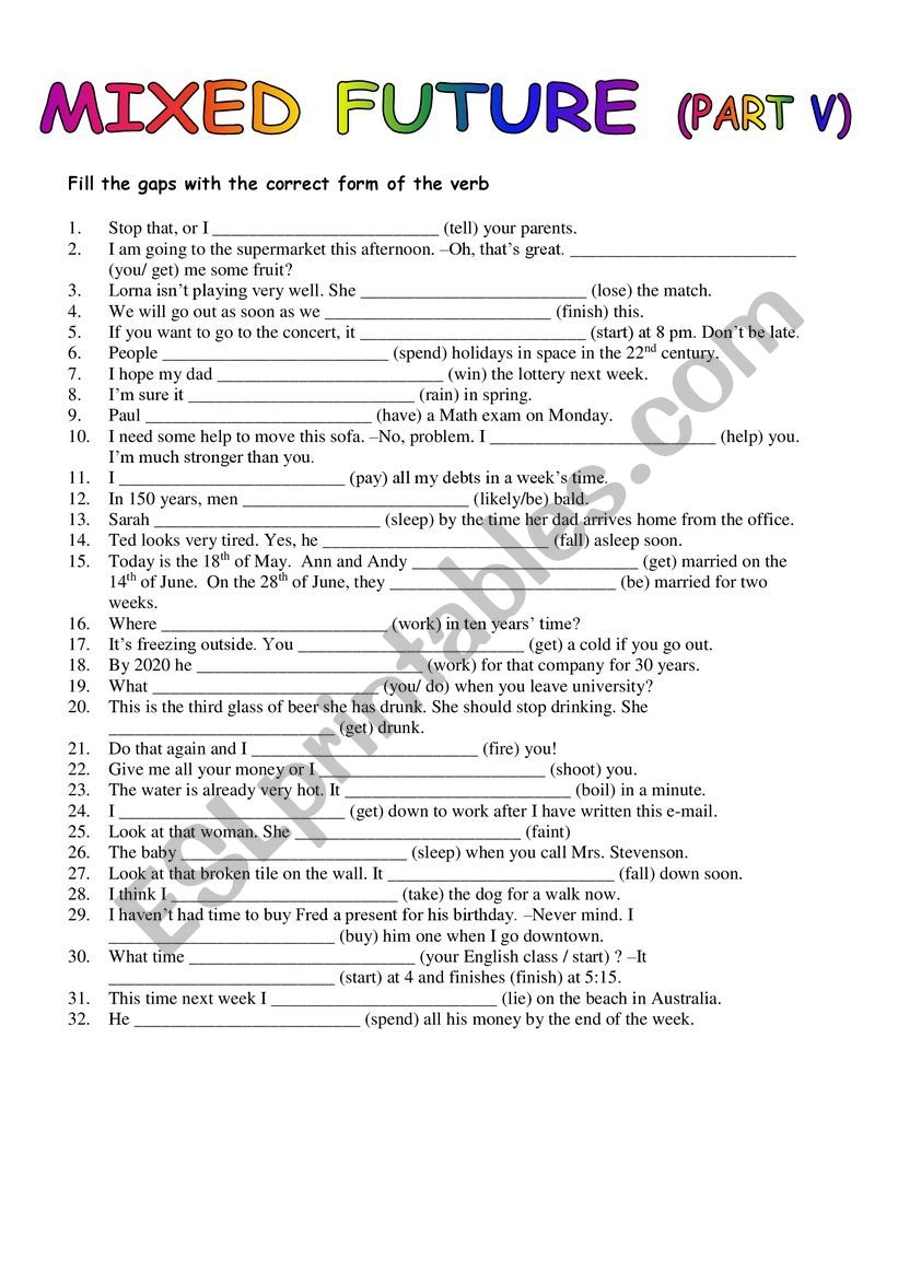 MIXED FUTURE TENSE V ESL Worksheet By MASEOSES MIXED FUTURE TENSE V ESL Worksheet By MASEOSES