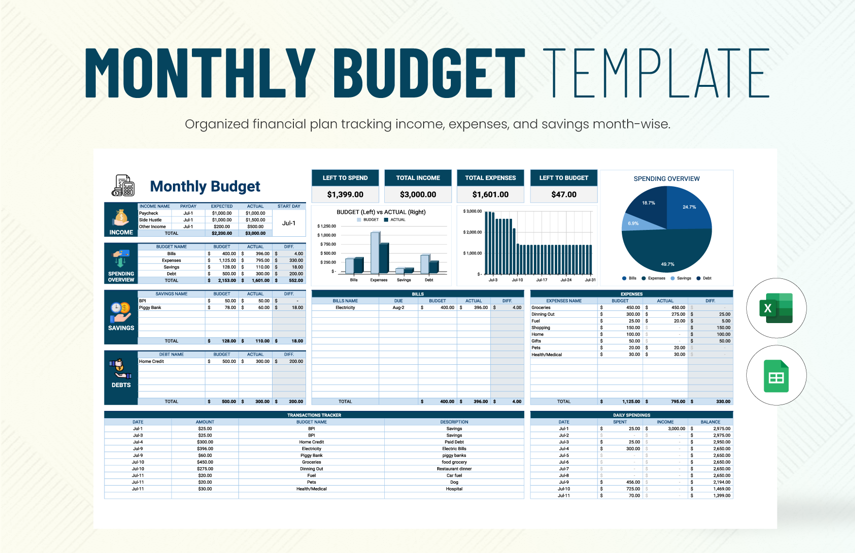 Excel Monthly Budget Planner Template Printable