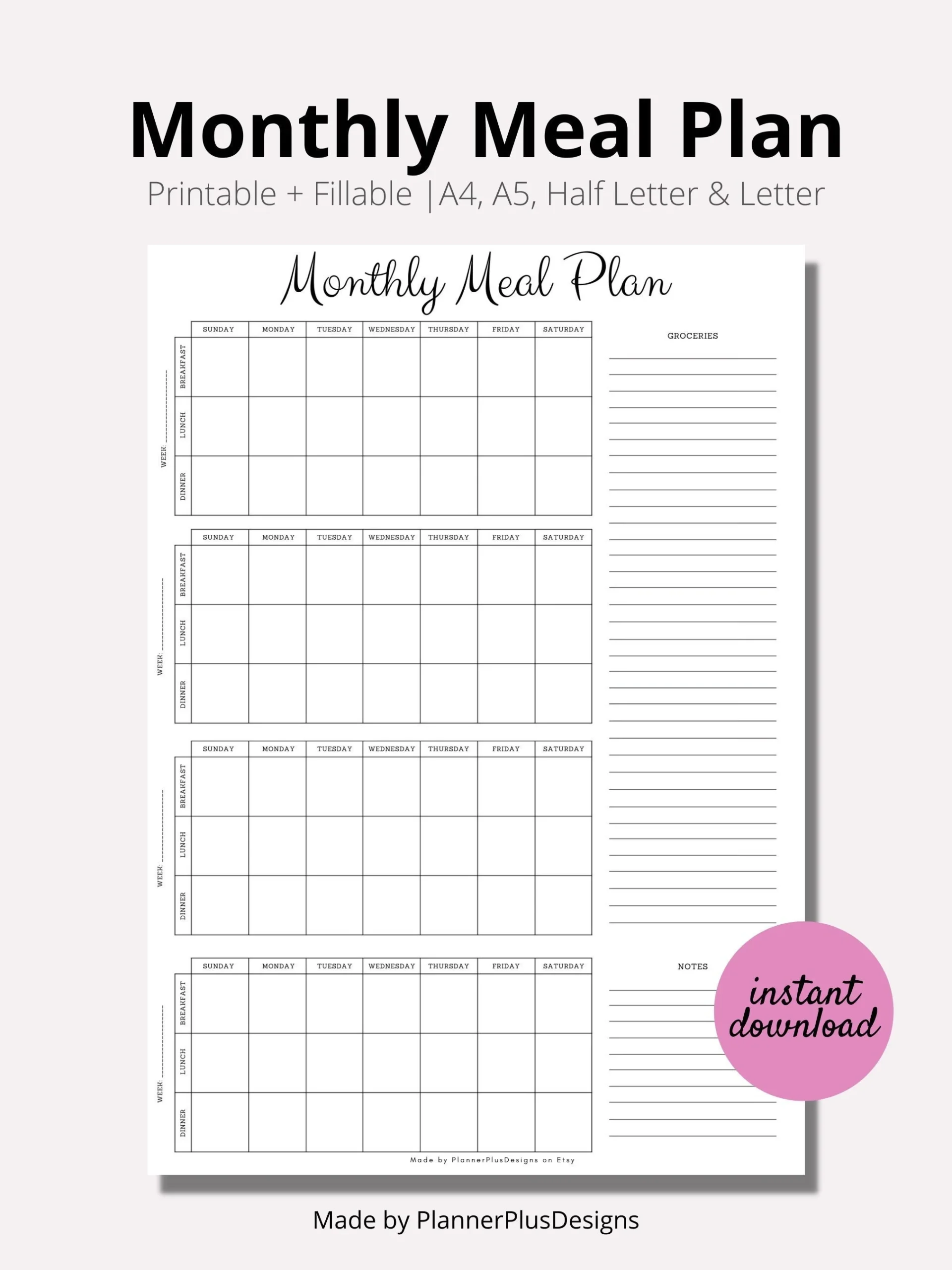 Monthly Meal Planner Printable Monthly Meal Planner Printable