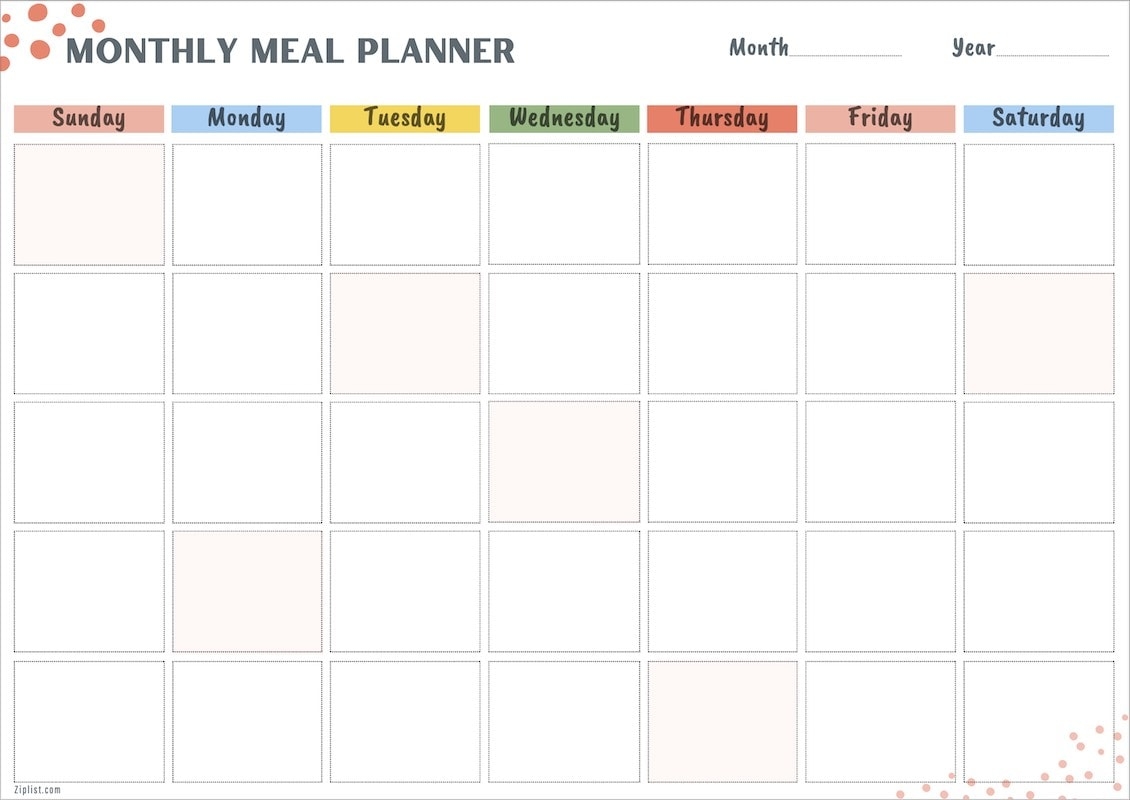 Free Monthly Printable Menu Planner