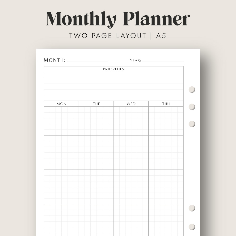 A5 Undated Monthly Planner Printable
