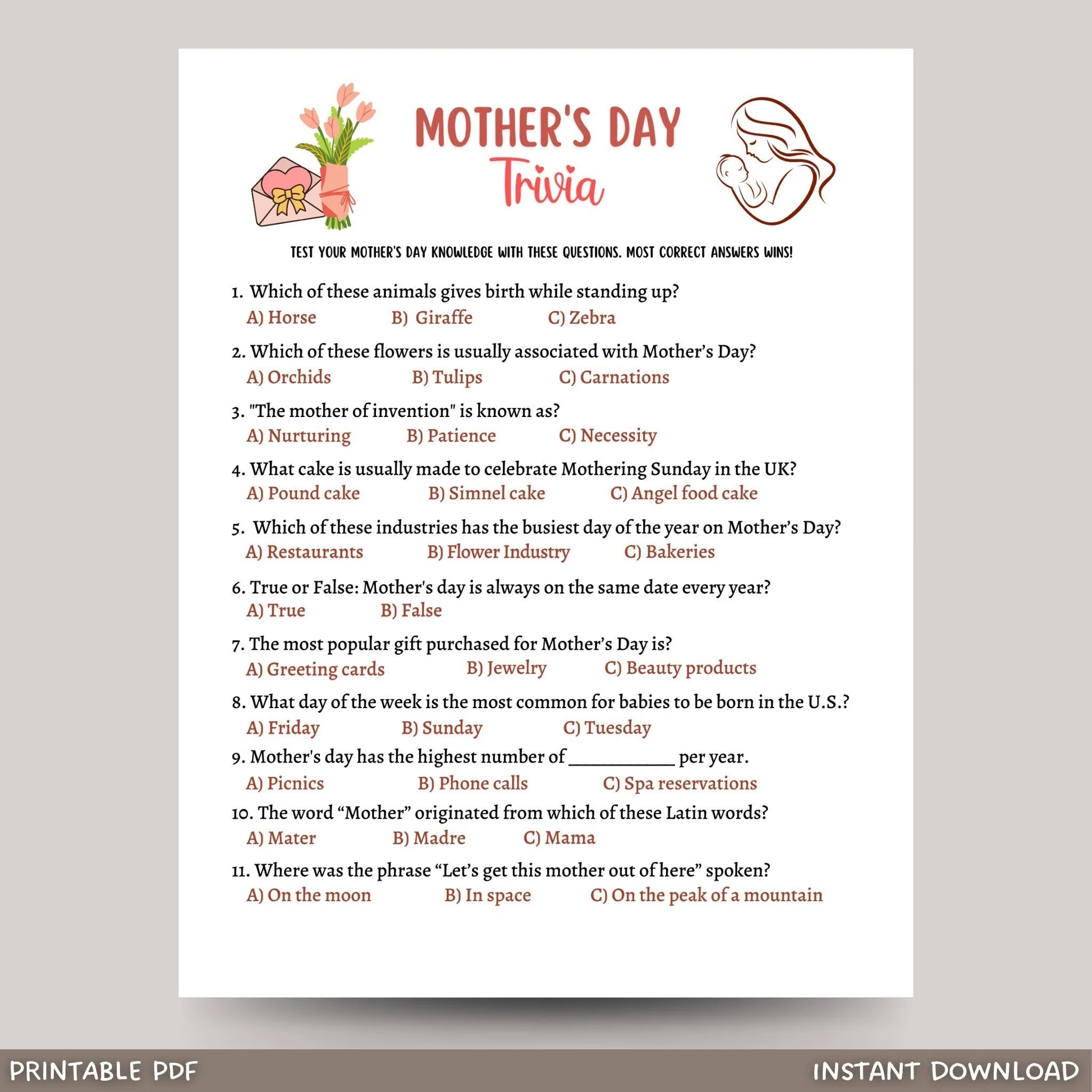Mother s Day Trivia Game Party Activity Idea Kids Adults Scribbled LLC