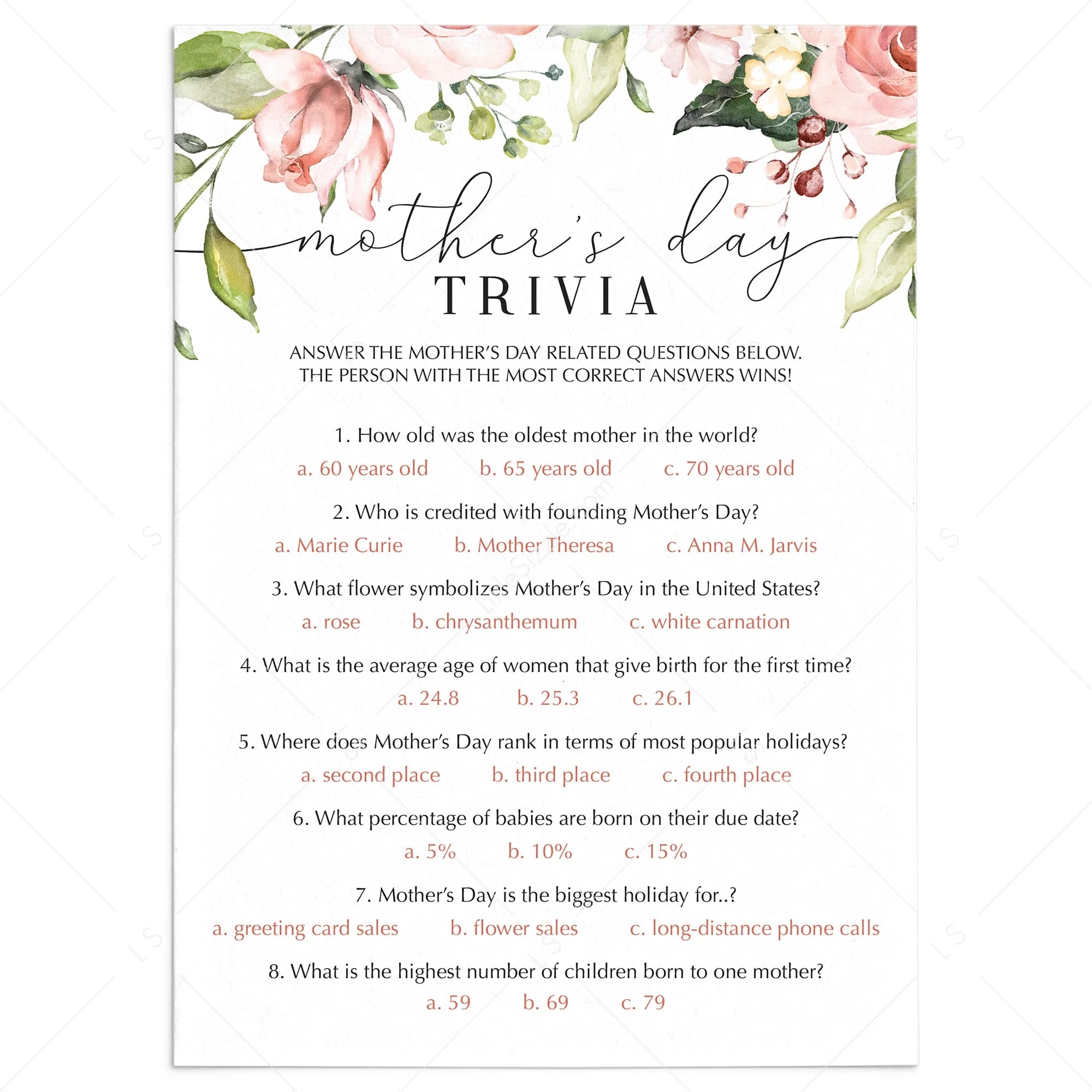 Mother s Day Trivia Game Printable Fillable PDF Instant Download LittleSizzle