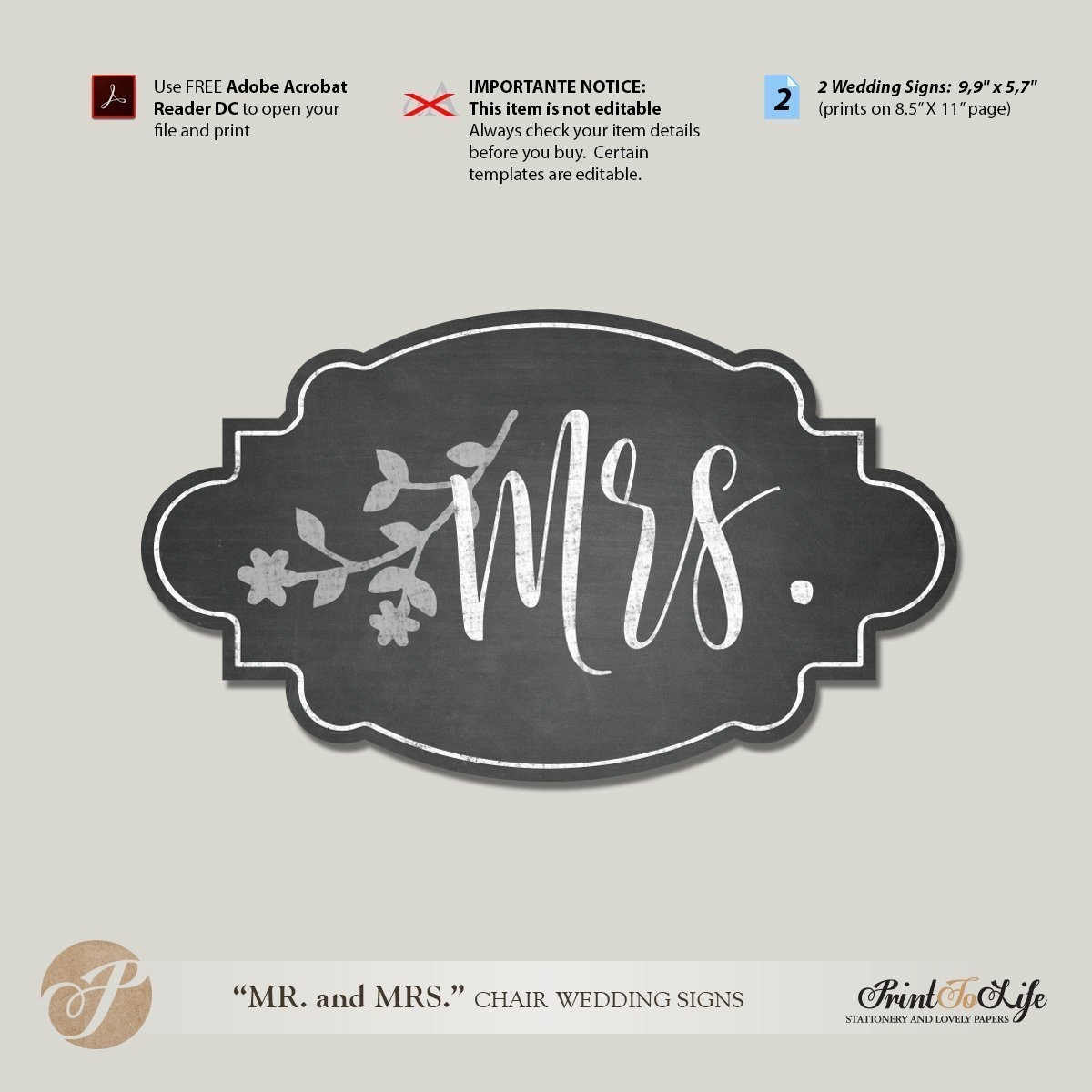 Mr And Mrs Chair Signs Wedding Chair Signs Template Printable Chalkboard Style Printolife