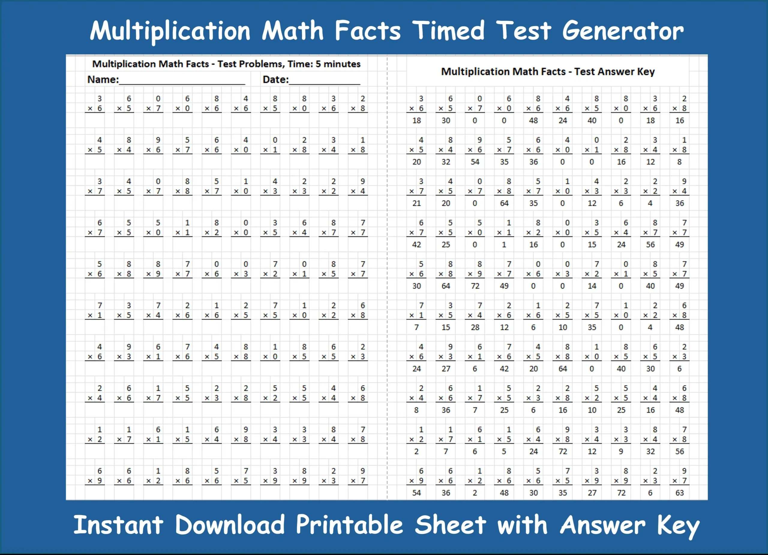 Multiplication Fact Quiz Printable Generator