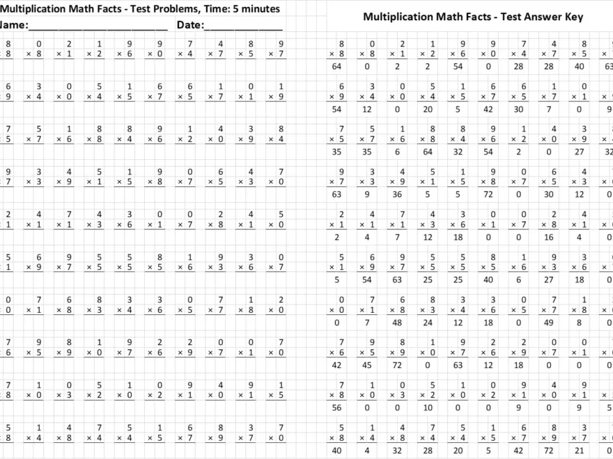 Multiplication Facts Worksheet Generator Printable Math Test excel Template Etsy