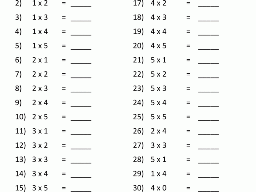 Multiplication Practice Worksheets To 5x5