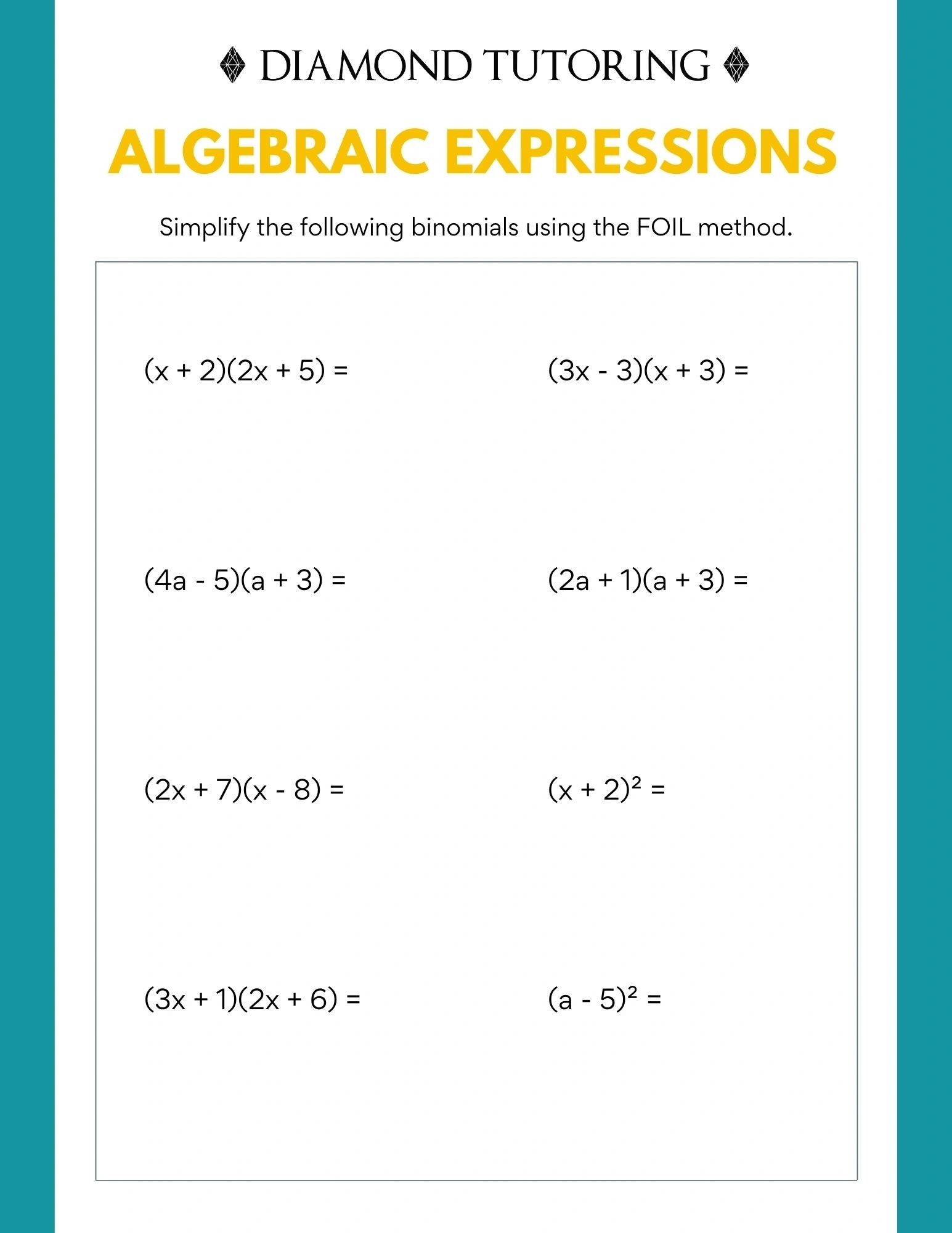 Multiplying Binomials Using The FOIL Method Worksheets Library