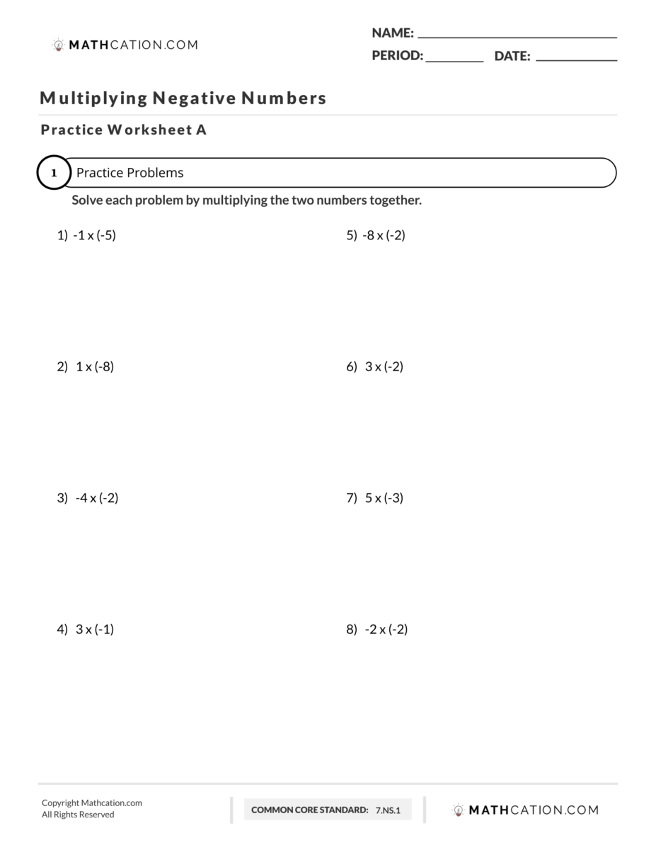 Multiplying Negative Numbers Worksheet Rules And Examples