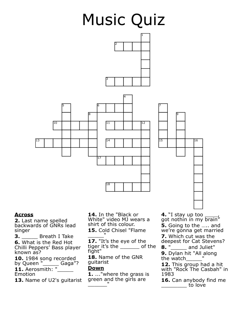 Music Quiz Crossword WordMint Music Quiz Crossword WordMint