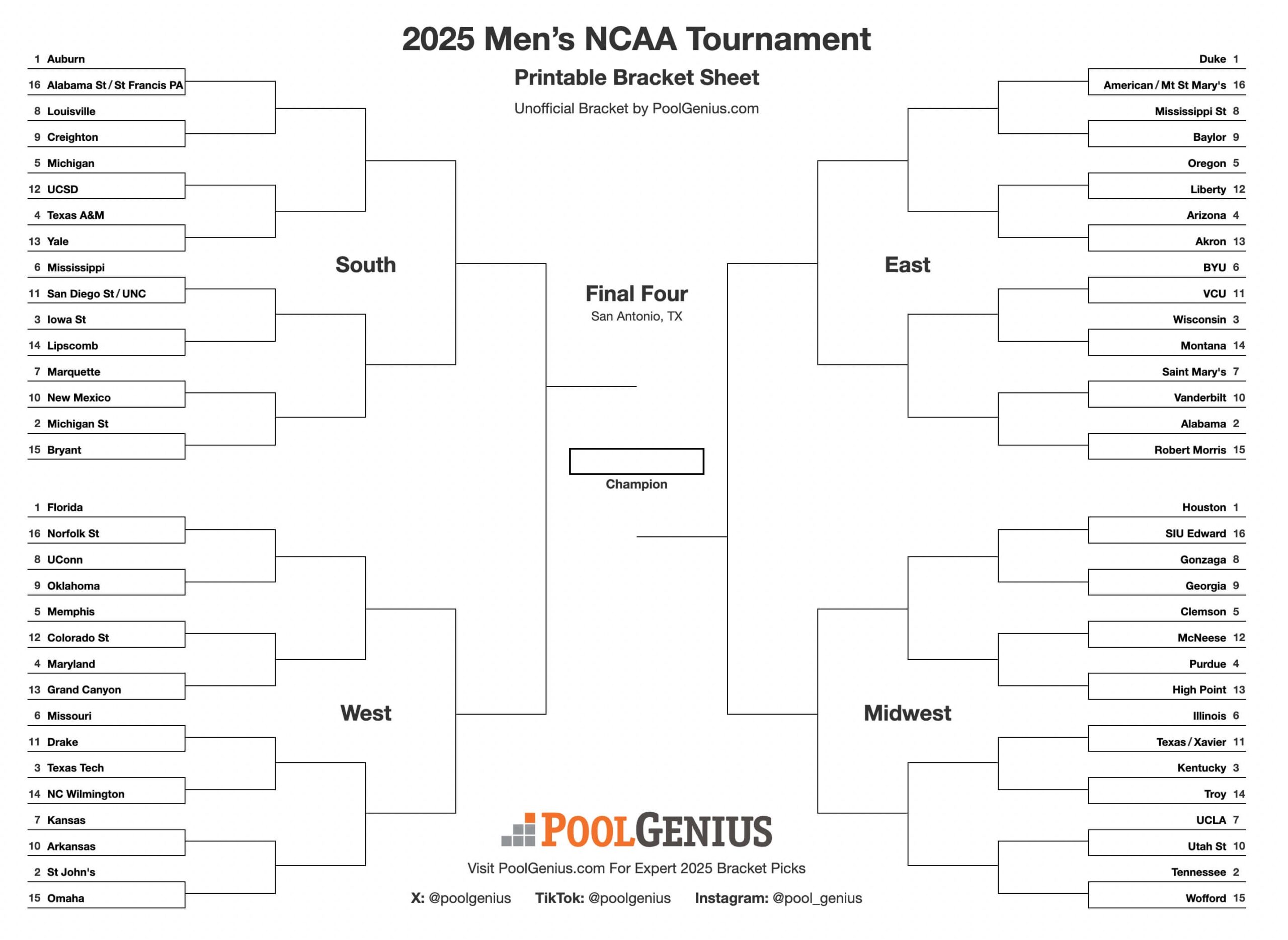NCAA Printable Bracket 2025 Free March Madness Brackets NCAA Printable Bracket 2025 Free March Madness Brackets