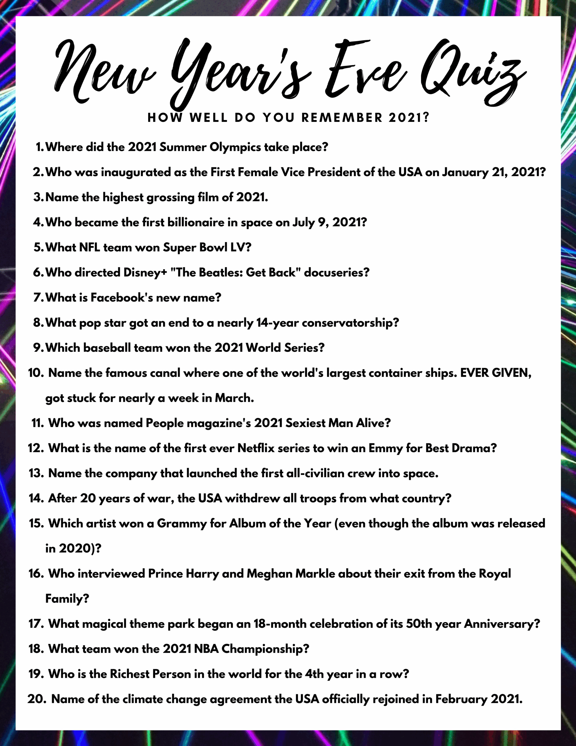 New Years Trivia Questions Printable