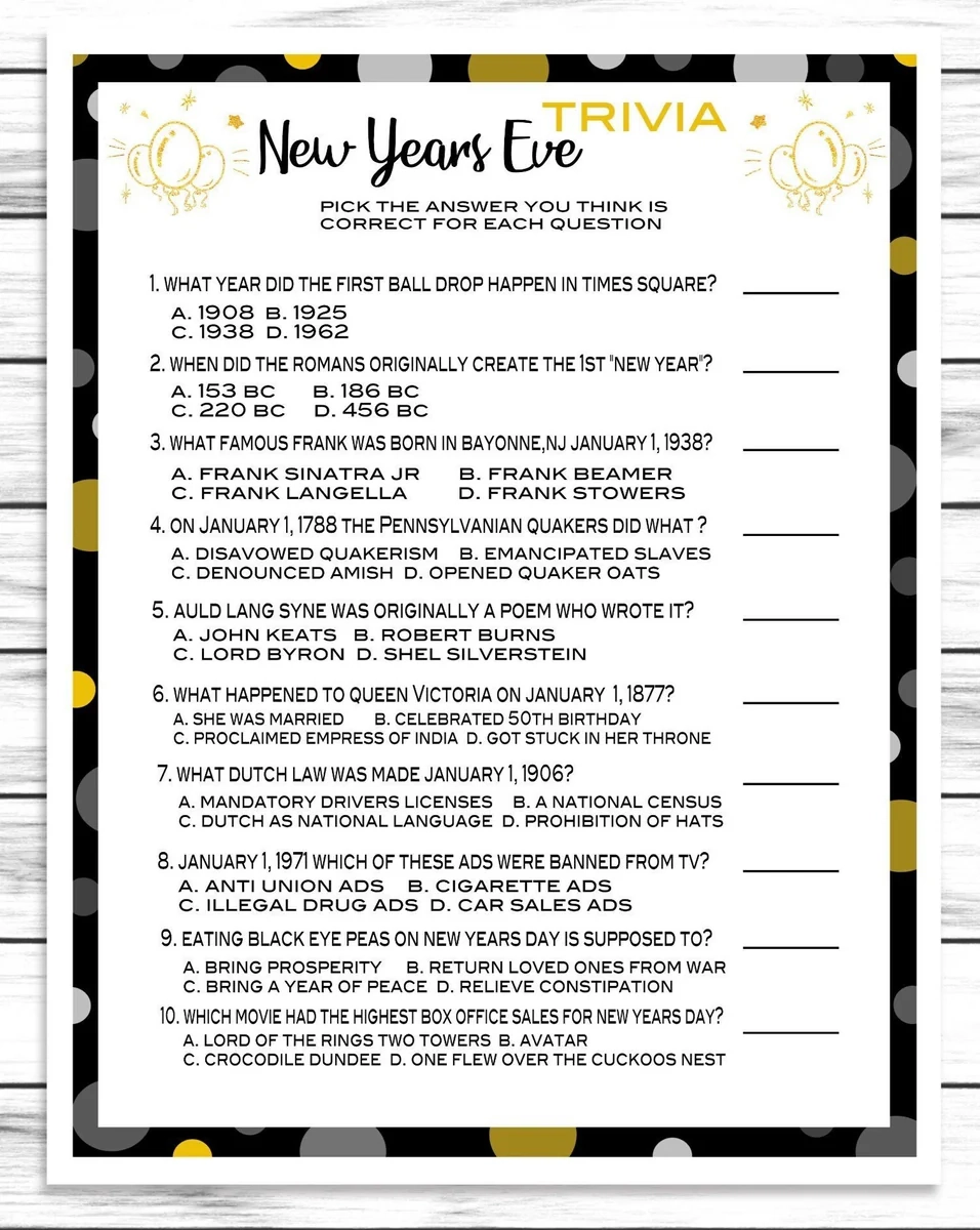 New Years Trivia Printable With Answers