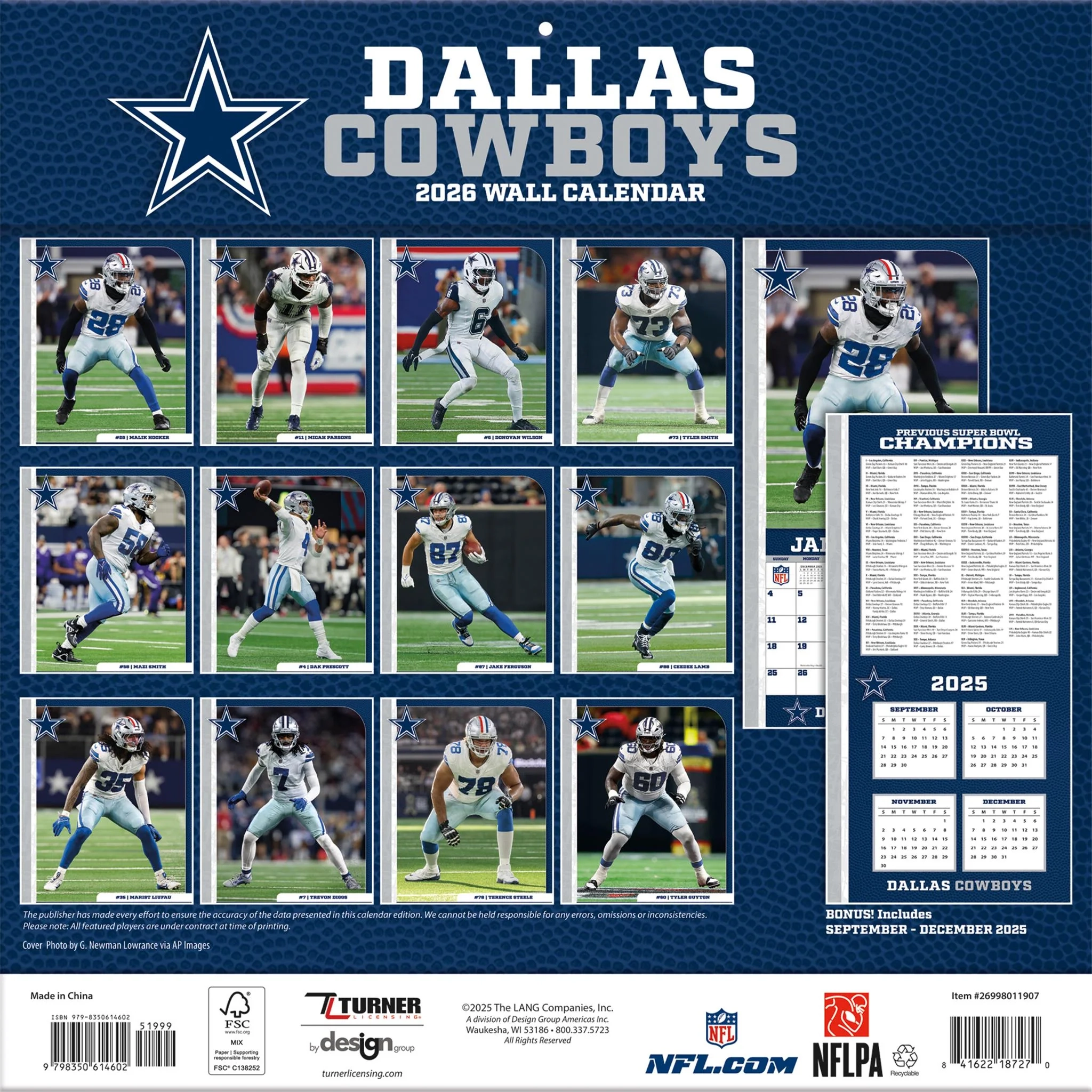 NFL Dallas Cowboys 2026 Wall Calendar NFL Dallas Cowboys 2026 Wall Calendar