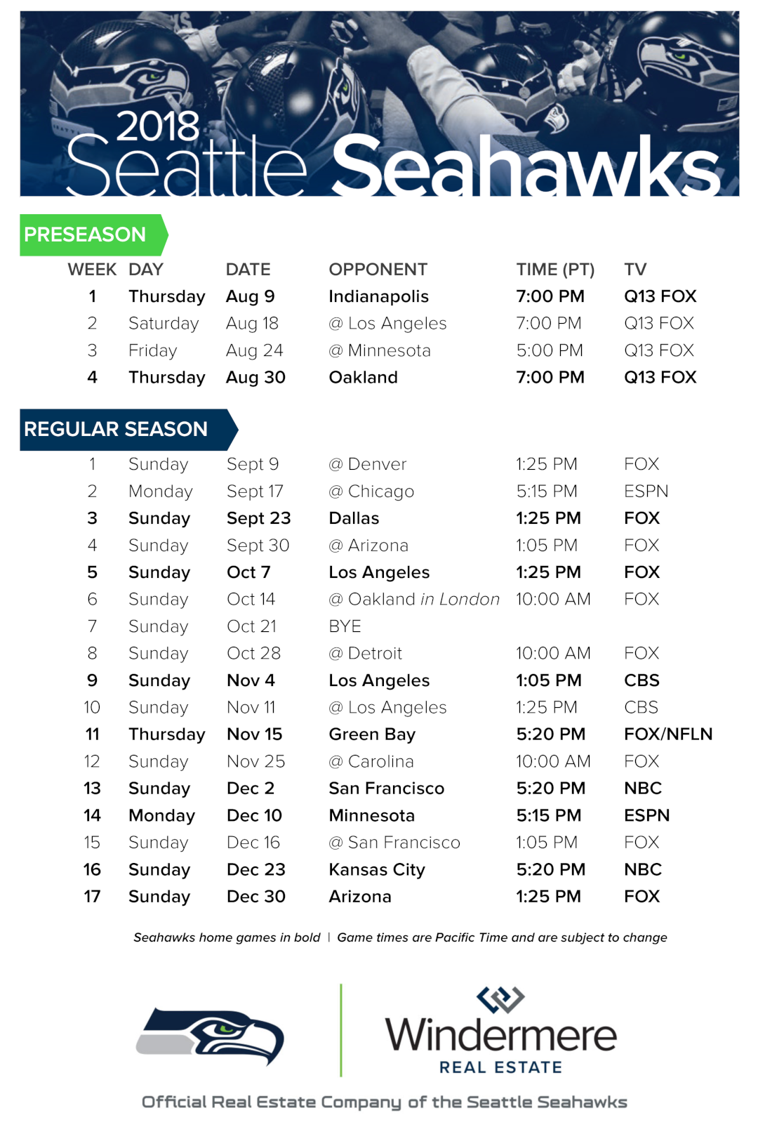 Printable Seahawks Schedule 2026 Pacific Time