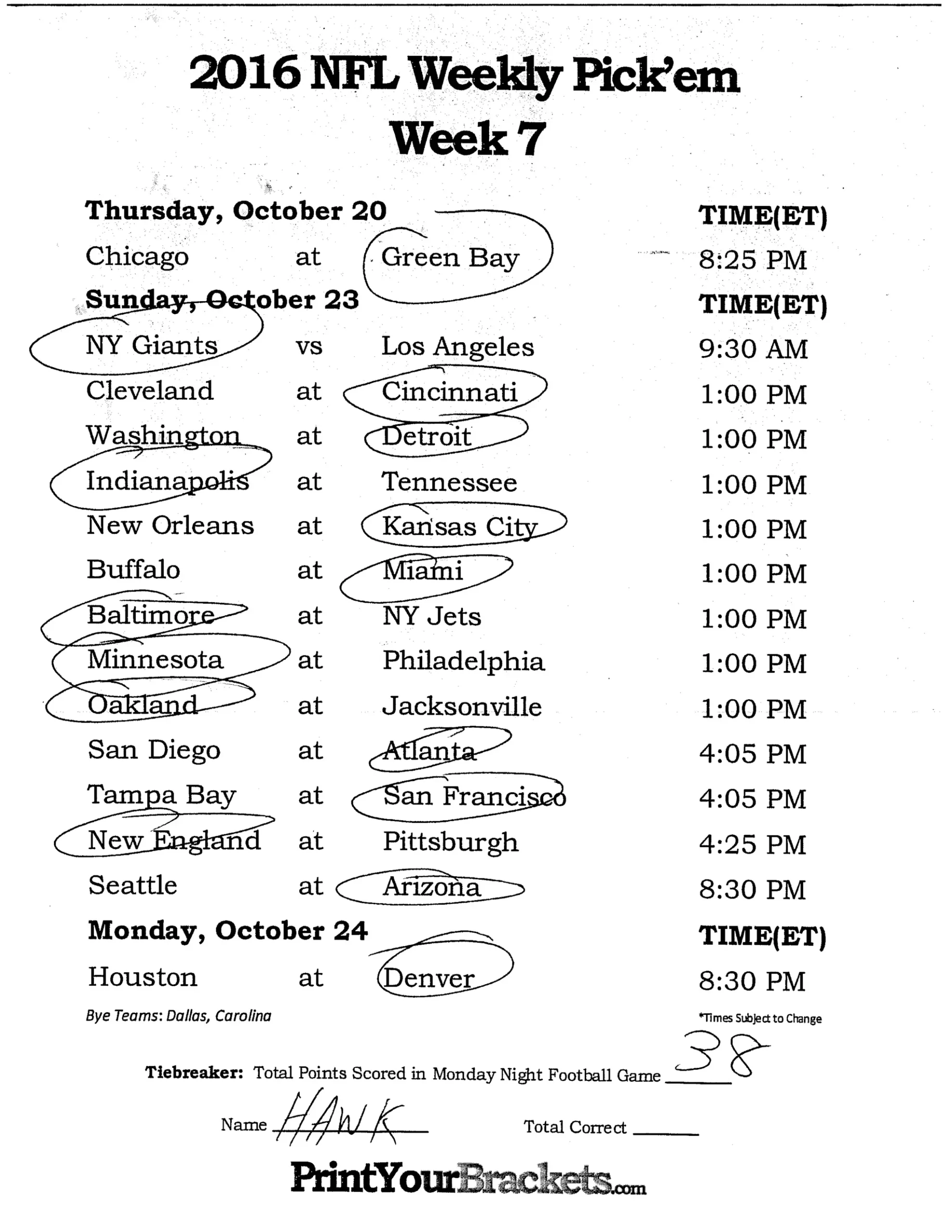 Nfl Printable Sheets For Week 7