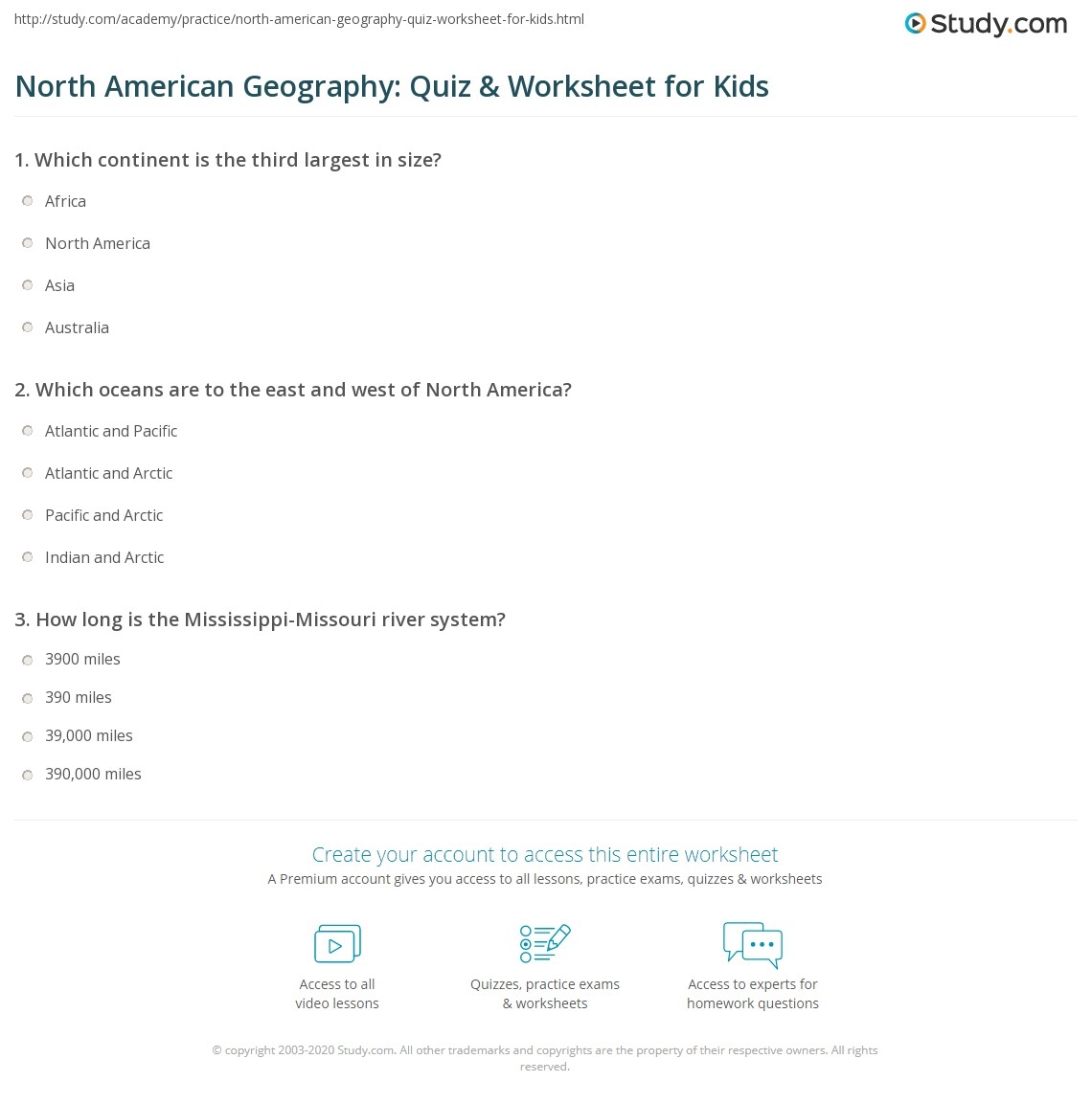North American Geography Quiz Worksheet For Kids Study North American Geography Quiz Worksheet For Kids Study