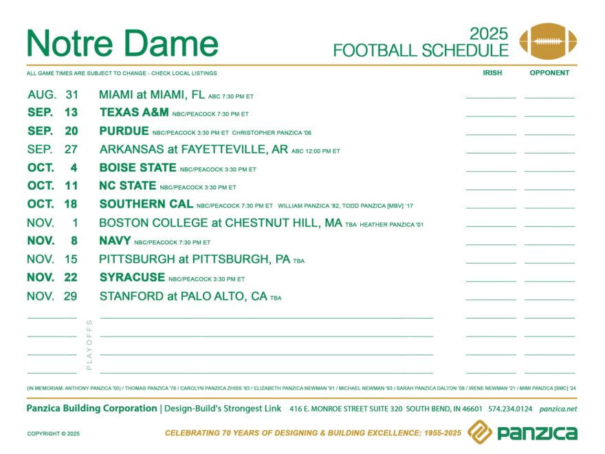 Notre Dame Football Schedule Panzica Building Corporation