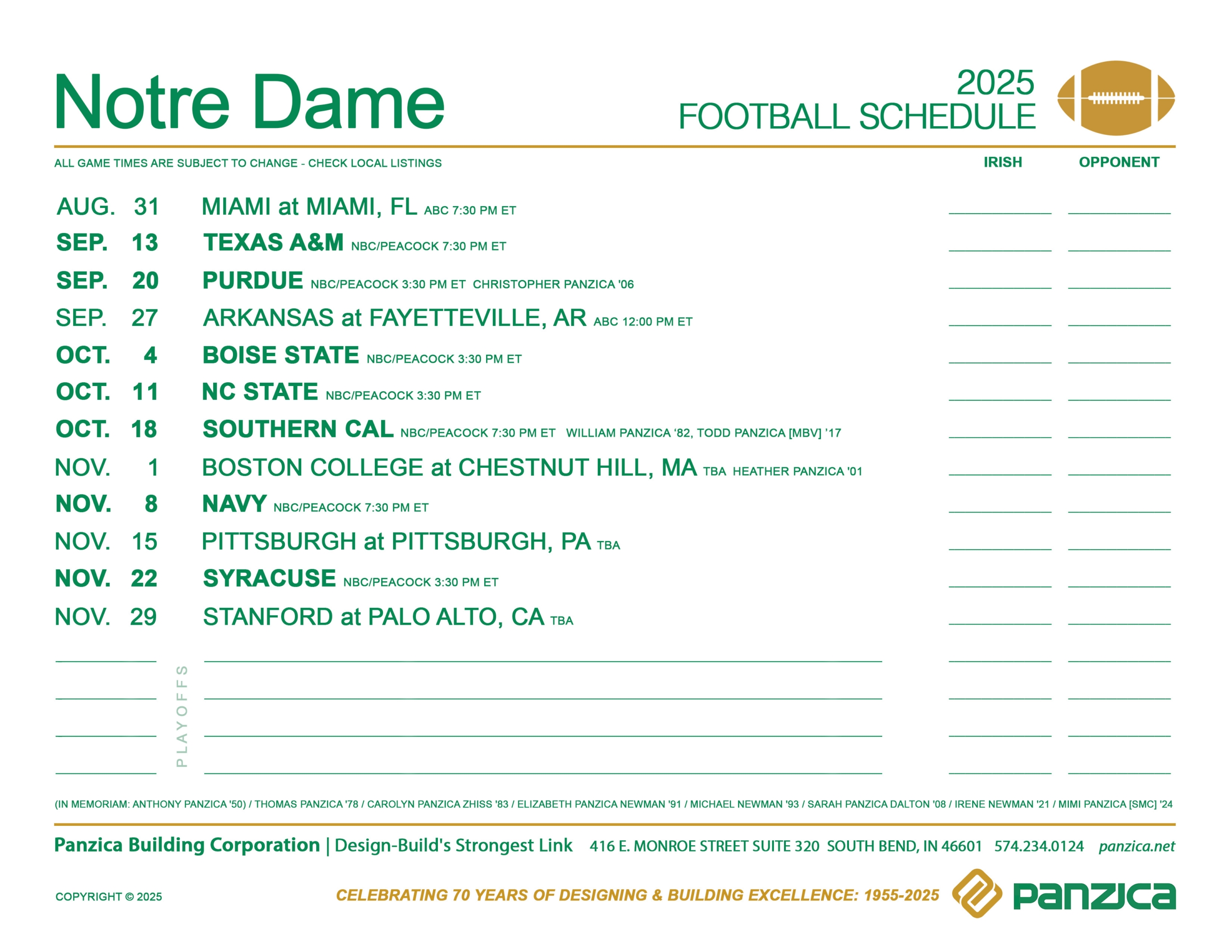 Notre Dame Football Schedule Panzica Building Corporation Notre Dame Football Schedule Panzica Building Corporation