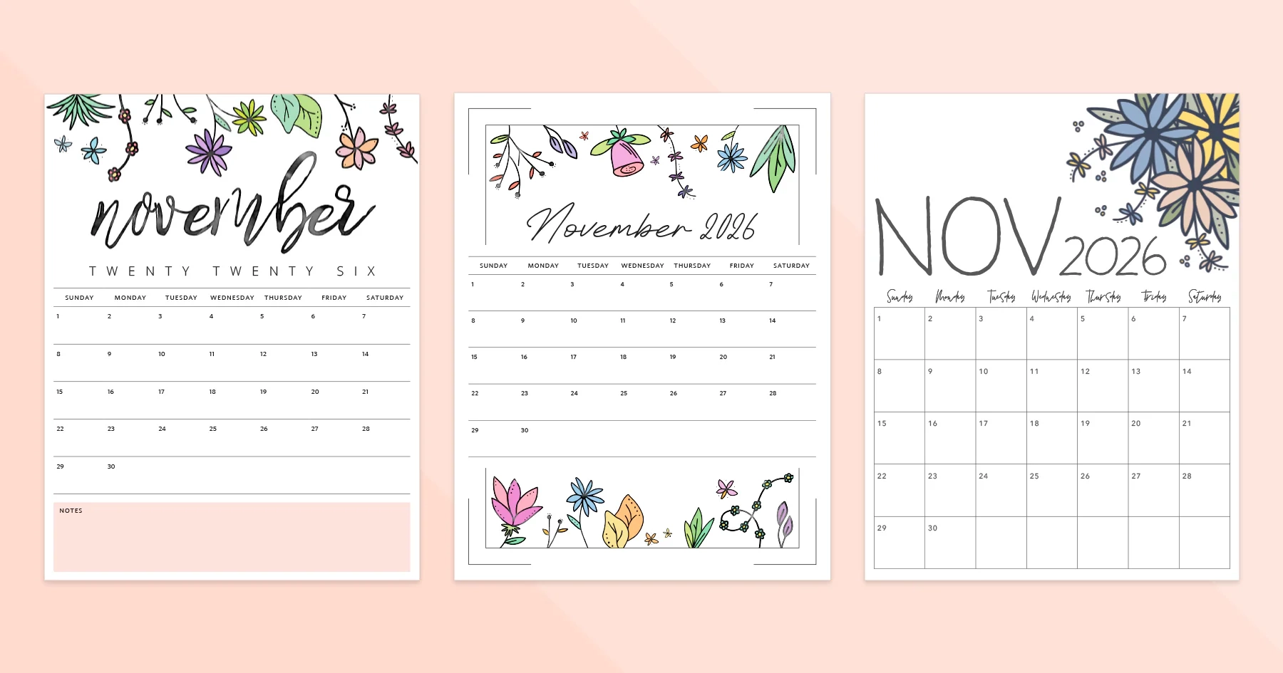 November 2026 Calendar Printable PDF Templates November 2026 Calendar Printable PDF Templates
