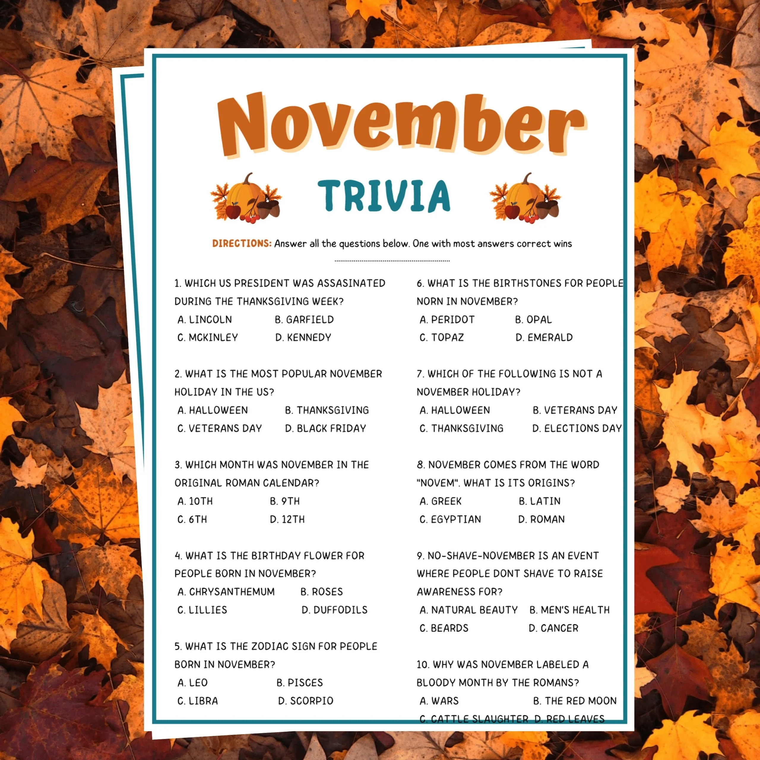November Trivia November Games Fall Games November Birthday Party Thanksgiving Games November Quiz Autumn Games Fall Party Games Etsy