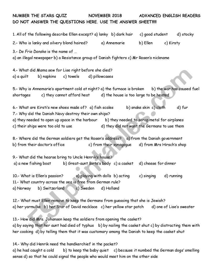 Number The Stars Chapter 3 Quiz Worksheet Live Worksheets Worksheets Library