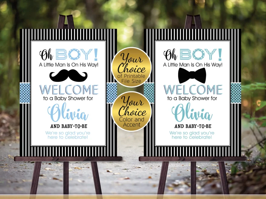 Oh Boy Little Man Baby Shower Welcome Sign Printable Black Bow Tie Or Mustache Baby Blue Or Teal Personalized PRINTABLE DIGITAL File Etsy