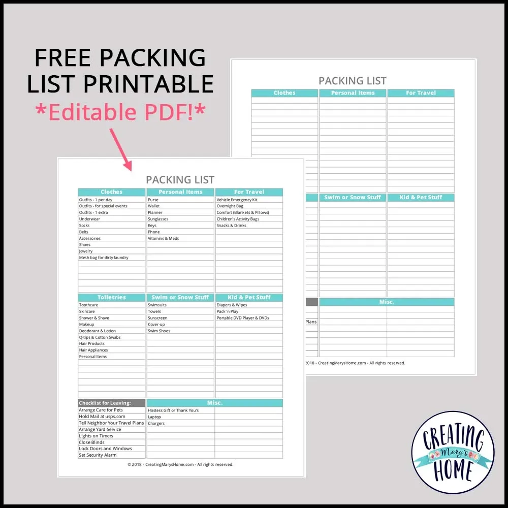 Packing List Printable Editable PDF Creatingmaryshome Packing List Printable Editable PDF Creatingmaryshome