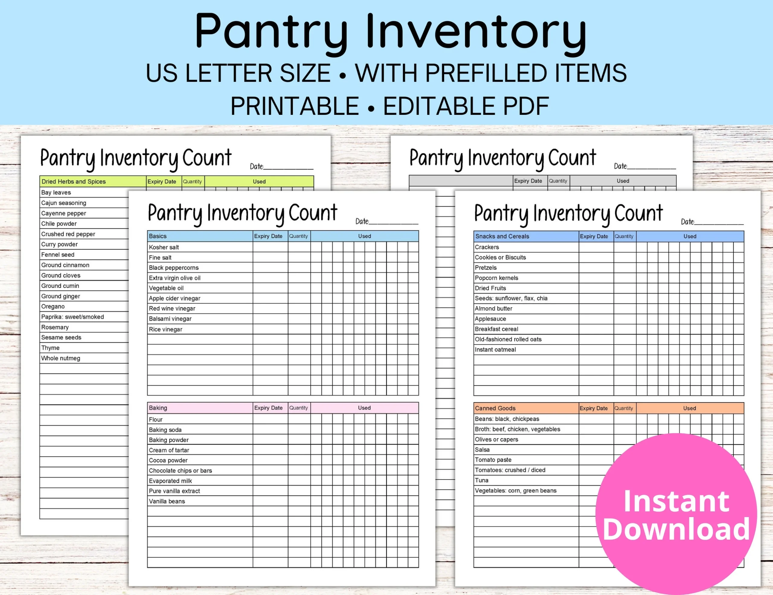 Pantry Inventory Template Food Inventory Printable Editable PDF Letter Size Etsy