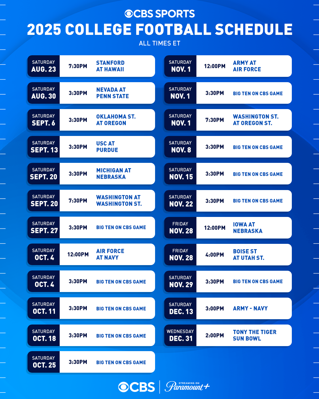 Paramount Press Express CBS SPORTS ANNOUNCES 2025 COLLEGE FOOTBALL BROADCAST SCHEDULE Paramount Press Express CBS SPORTS ANNOUNCES 2025 COLLEGE FOOTBALL BROADCAST SCHEDULE