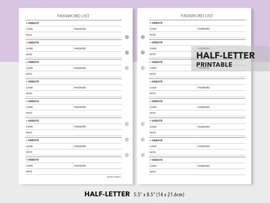 Password List Tracker Half Letter Printable PDF H28 DearPlannerLife