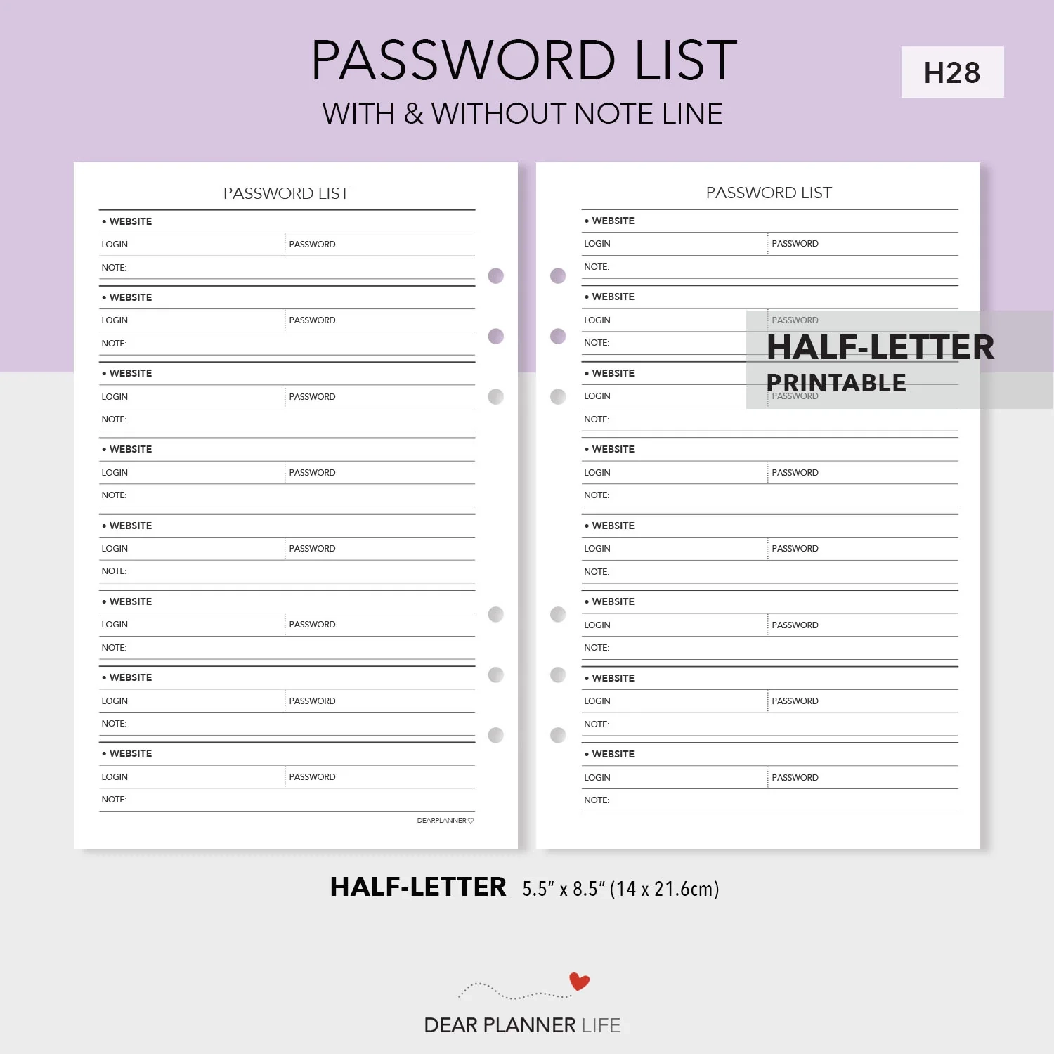Password List Tracker Half Letter Printable PDF H28 DearPlannerLife