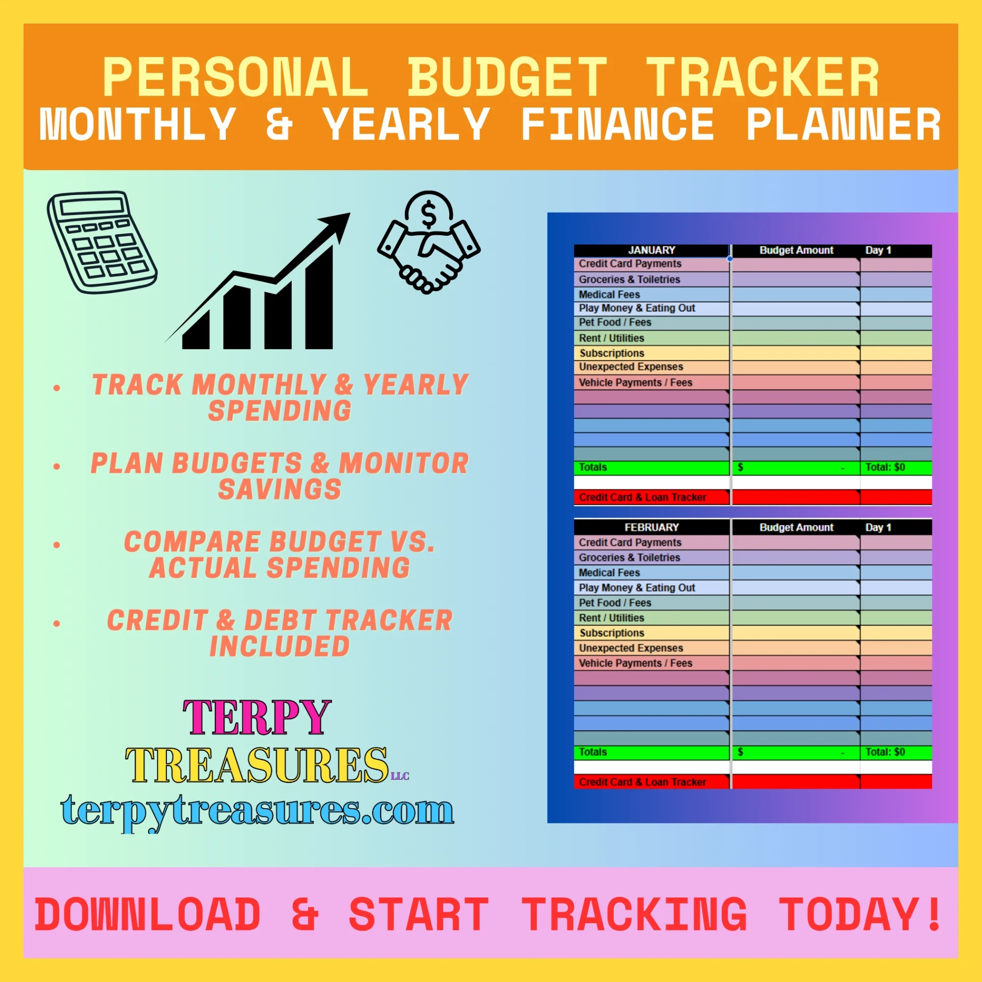 Personal Budget Tracker Spreadsheet Monthly Yearly Finance Planner Terpy Treasures LLC