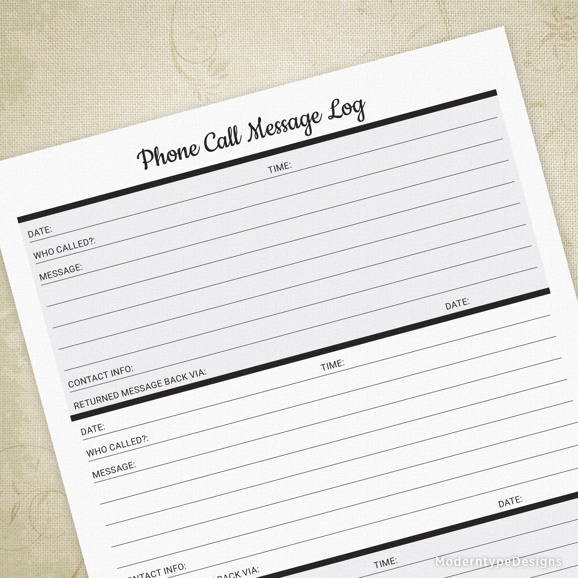 Phone Call Message Log Printable