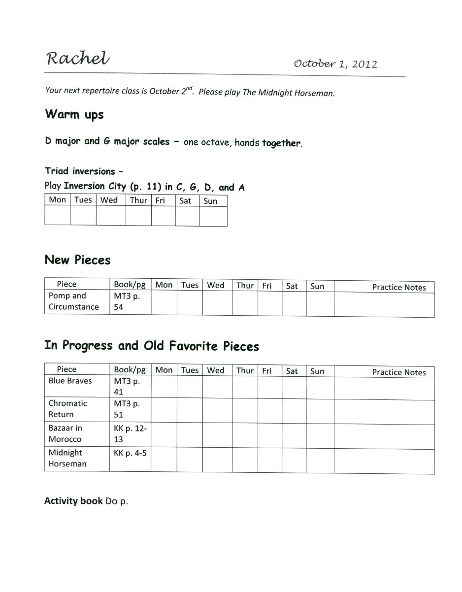 Piano Practice Sheet Printable