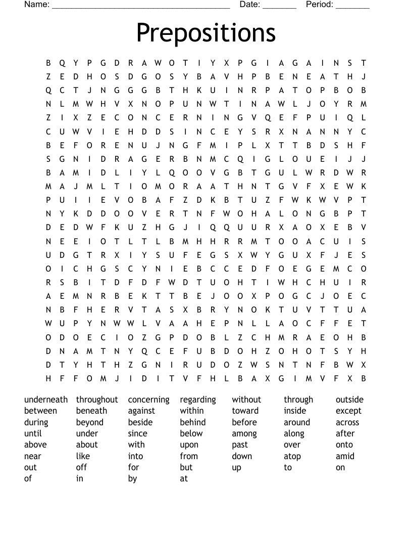 150 Preposition List Printable