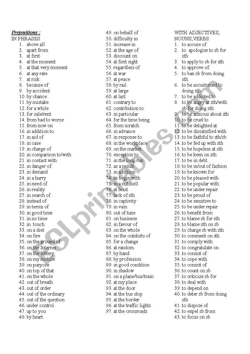 Prepositions List ESL Worksheet By Kamap