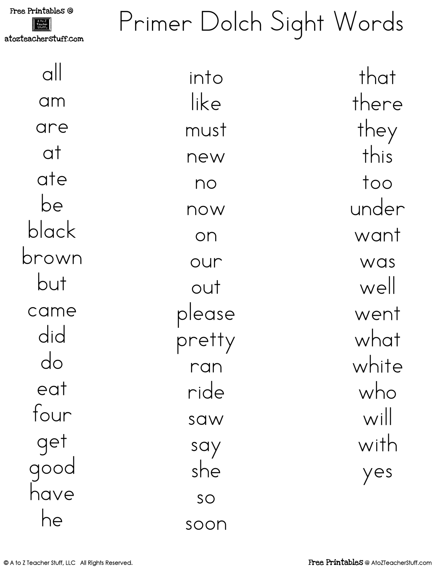 Primer Dolch Sight Word Printables A To Z Teacher Stuff Printable Pages And Worksheets Primer Dolch Sight Word Printables A To Z Teacher Stuff Printable Pages And Worksheets