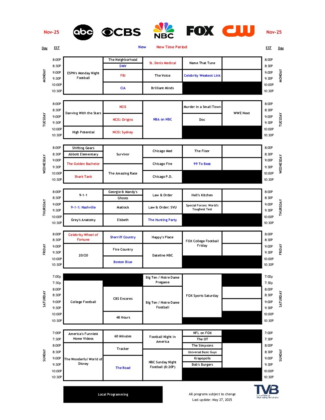 Primetime Program Grid Schedule TVB