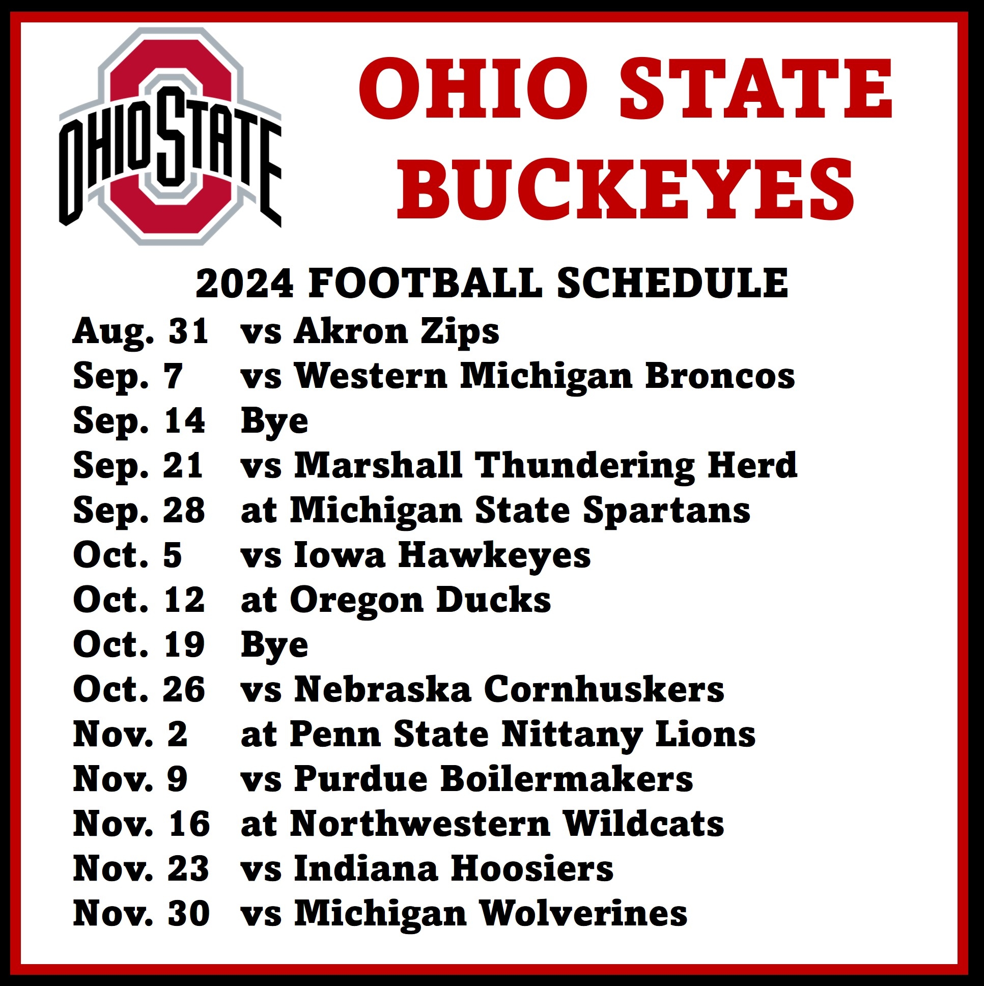 Ohio State Buckeye Football Printable Schedule Ohio State Buckeye Football Printable Schedule