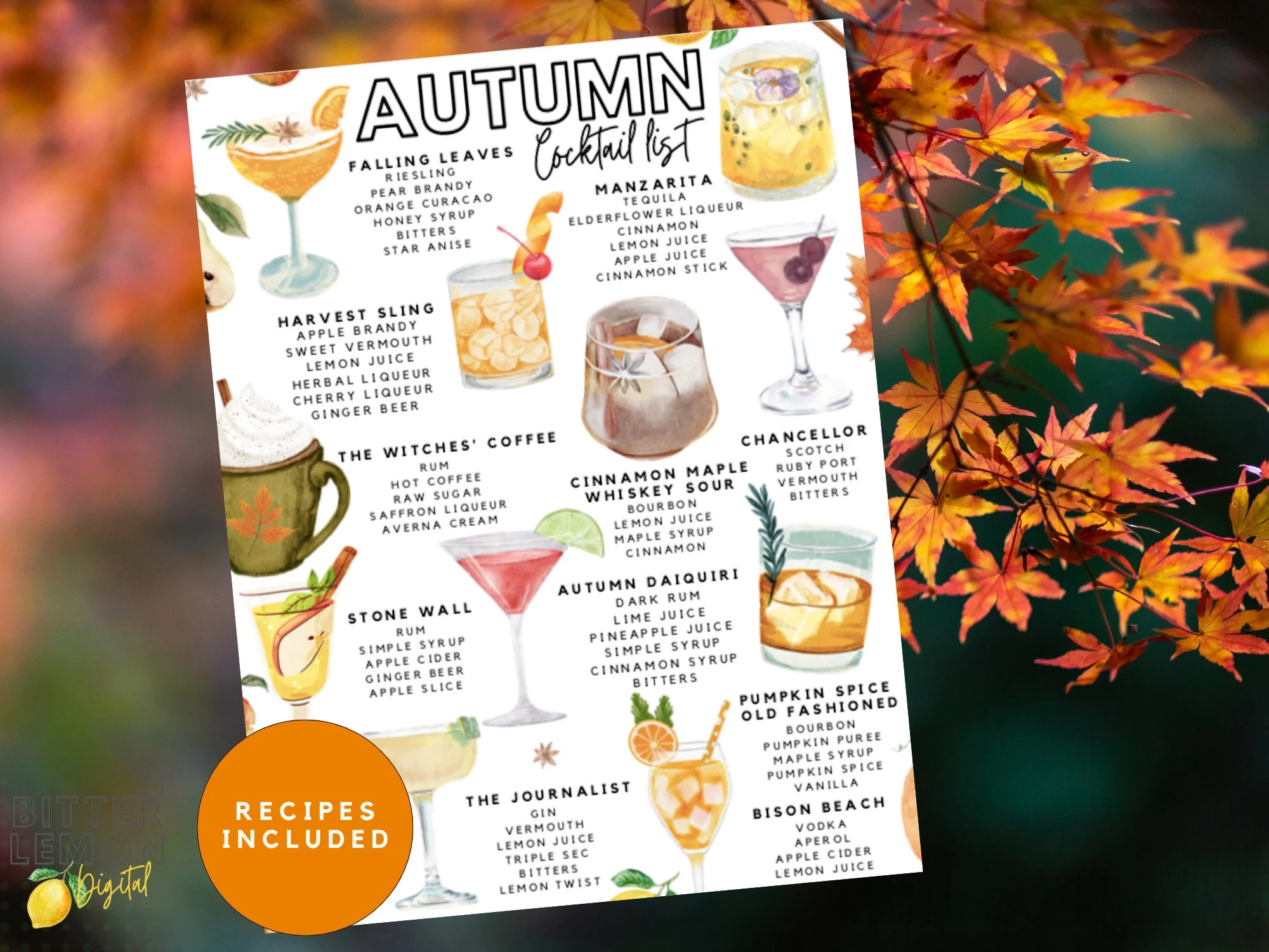 Printable Autumn Cocktail List Fall Cocktail Recipes Etsy