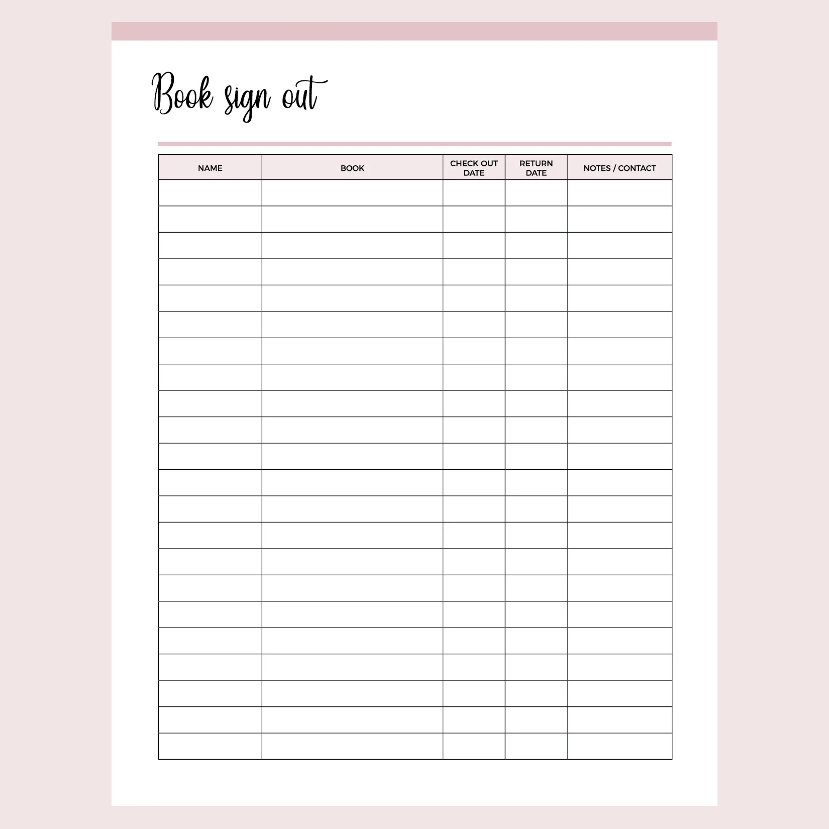 Printable Book Borrowing Sign Out Form Instant Download PDF A4 US Letter Plan Print Land
