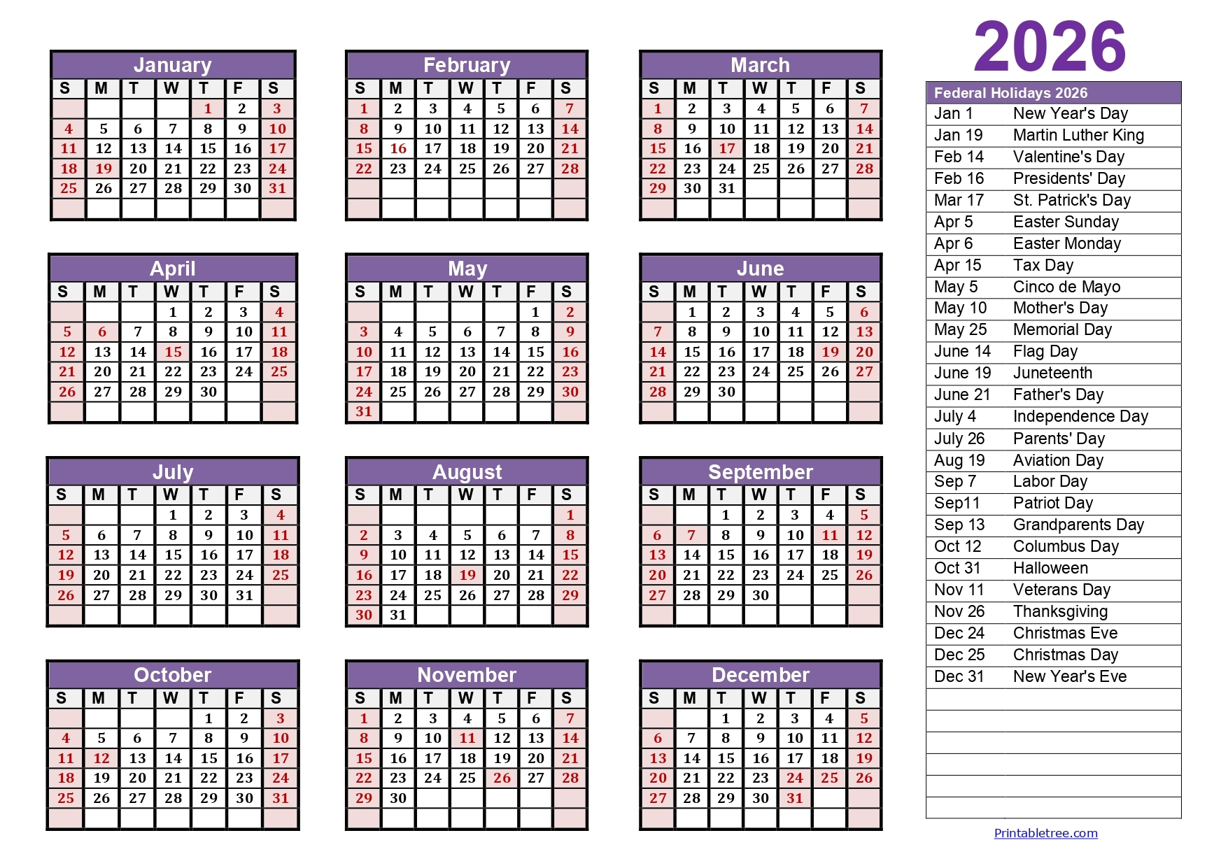 2026 Calendar With Holidays Printable List