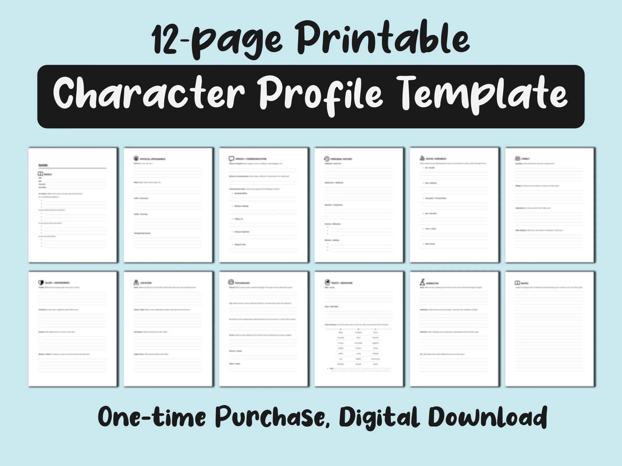 Printable Character Profile Template Character Creation Tool 12 Pages US Letter PDF Download Etsy